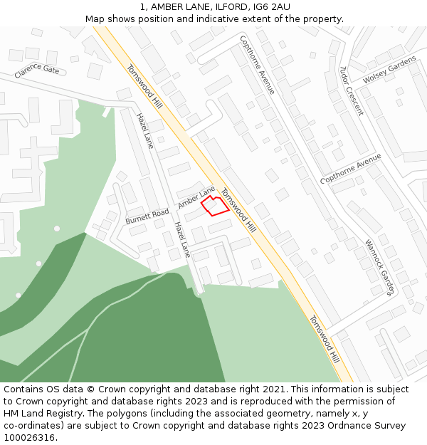 1, AMBER LANE, ILFORD, IG6 2AU: Location map and indicative extent of plot