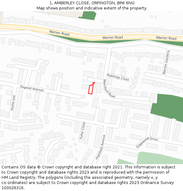 1, AMBERLEY CLOSE, ORPINGTON, BR6 6NG: Location map and indicative extent of plot