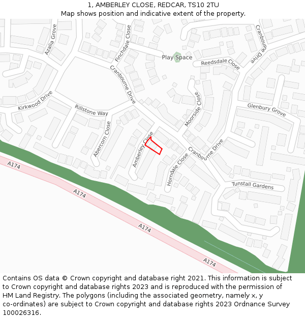 1, AMBERLEY CLOSE, REDCAR, TS10 2TU: Location map and indicative extent of plot