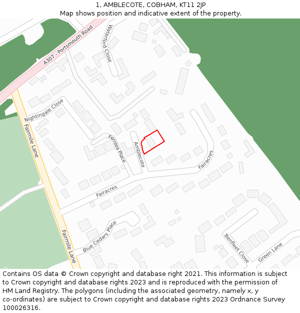 1, AMBLECOTE, COBHAM, KT11 2JP: Location map and indicative extent of plot