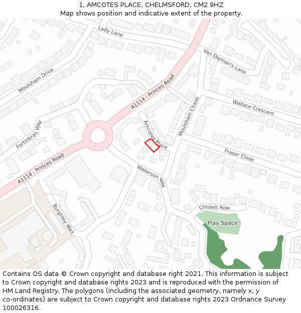 1, AMCOTES PLACE, CHELMSFORD, CM2 9HZ: Location map and indicative extent of plot