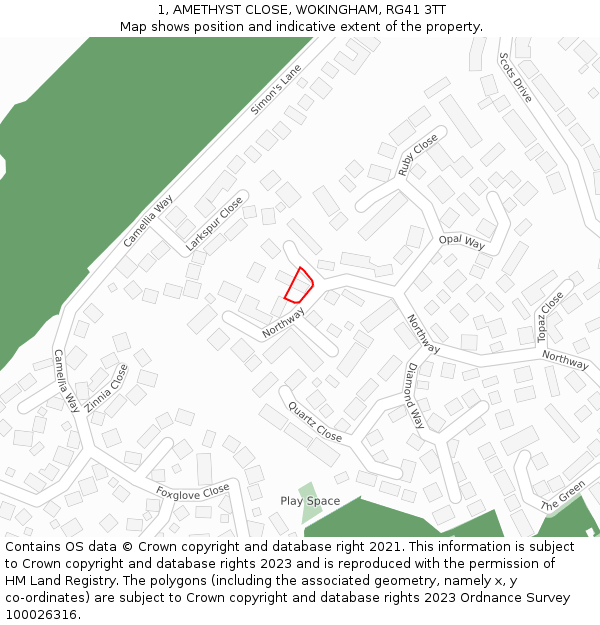 1, AMETHYST CLOSE, WOKINGHAM, RG41 3TT: Location map and indicative extent of plot