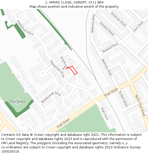 1, AMYAS CLOSE, CARDIFF, CF11 8EA: Location map and indicative extent of plot