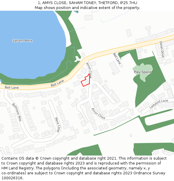 1, AMYS CLOSE, SAHAM TONEY, THETFORD, IP25 7HU: Location map and indicative extent of plot