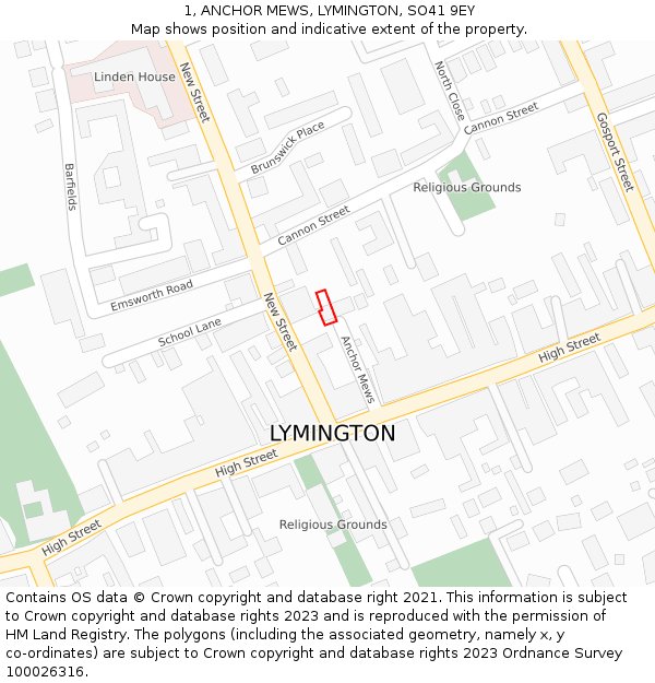 1, ANCHOR MEWS, LYMINGTON, SO41 9EY: Location map and indicative extent of plot