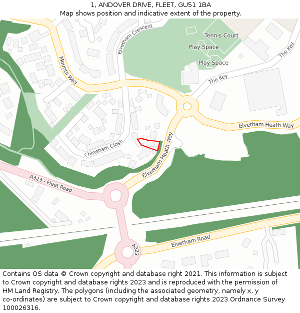 1, ANDOVER DRIVE, FLEET, GU51 1BA: Location map and indicative extent of plot