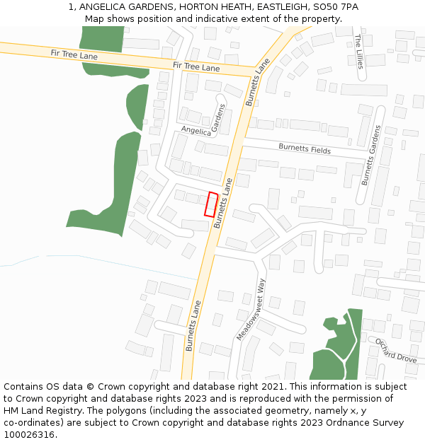 1, ANGELICA GARDENS, HORTON HEATH, EASTLEIGH, SO50 7PA: Location map and indicative extent of plot