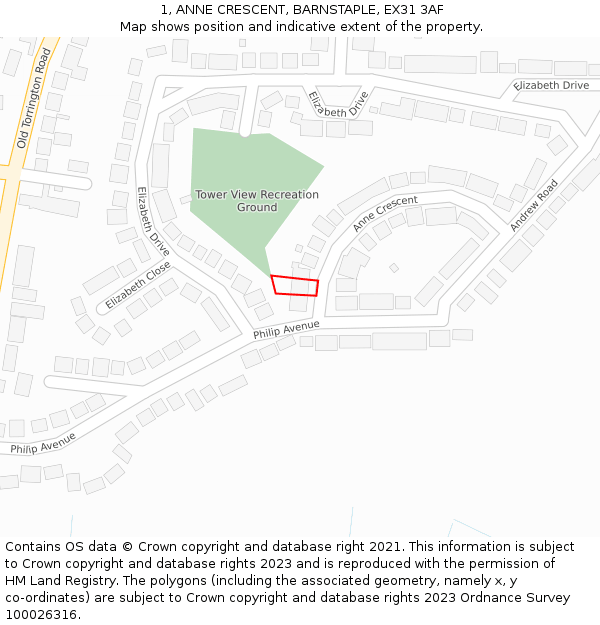1, ANNE CRESCENT, BARNSTAPLE, EX31 3AF: Location map and indicative extent of plot