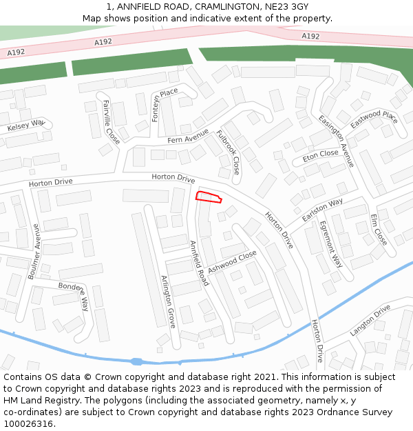 1, ANNFIELD ROAD, CRAMLINGTON, NE23 3GY: Location map and indicative extent of plot