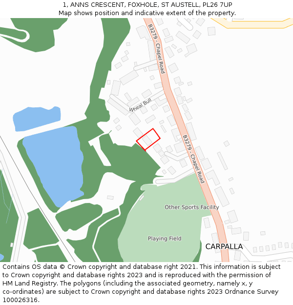 1, ANNS CRESCENT, FOXHOLE, ST AUSTELL, PL26 7UP: Location map and indicative extent of plot