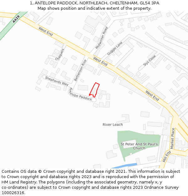 1, ANTELOPE PADDOCK, NORTHLEACH, CHELTENHAM, GL54 3PA: Location map and indicative extent of plot