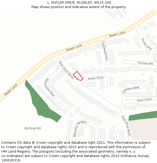 1, ANTLER DRIVE, RUGELEY, WS15 2XS: Location map and indicative extent of plot