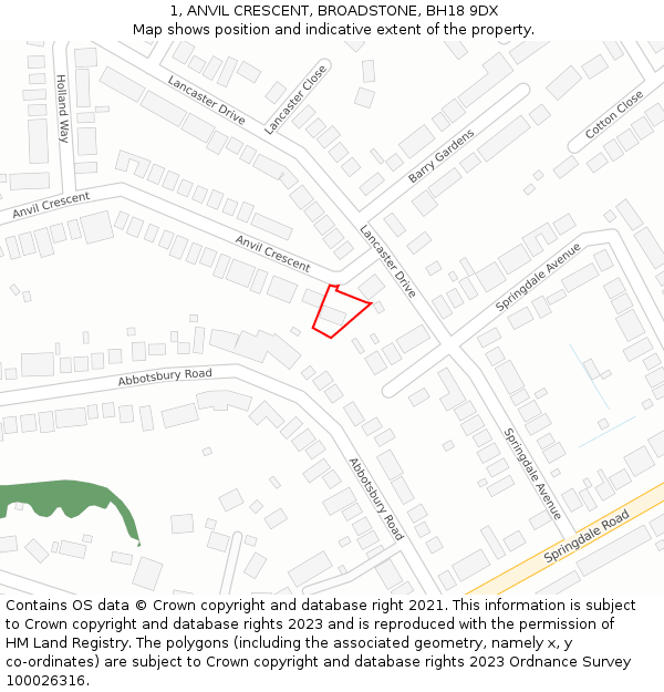 1, ANVIL CRESCENT, BROADSTONE, BH18 9DX: Location map and indicative extent of plot