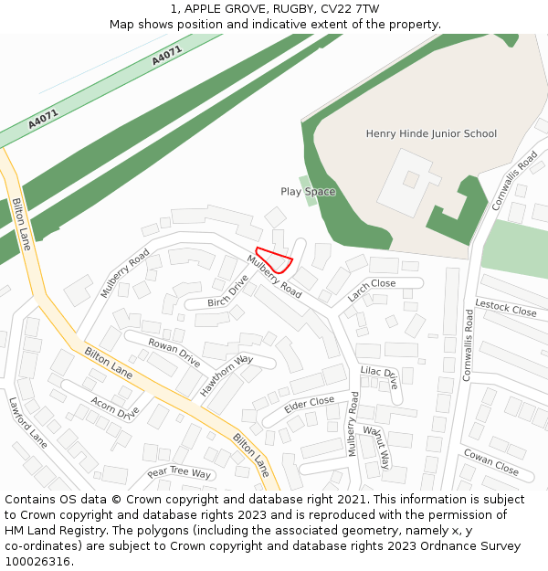 1, APPLE GROVE, RUGBY, CV22 7TW: Location map and indicative extent of plot