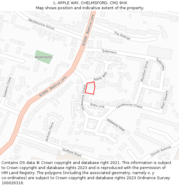 1, APPLE WAY, CHELMSFORD, CM2 9HX: Location map and indicative extent of plot