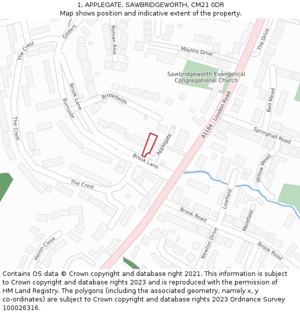 1, APPLEGATE, SAWBRIDGEWORTH, CM21 0DR: Location map and indicative extent of plot