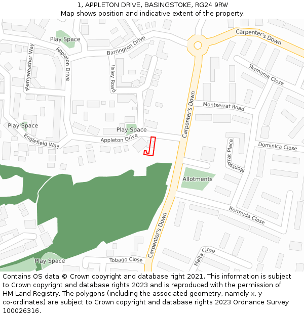 1, APPLETON DRIVE, BASINGSTOKE, RG24 9RW: Location map and indicative extent of plot