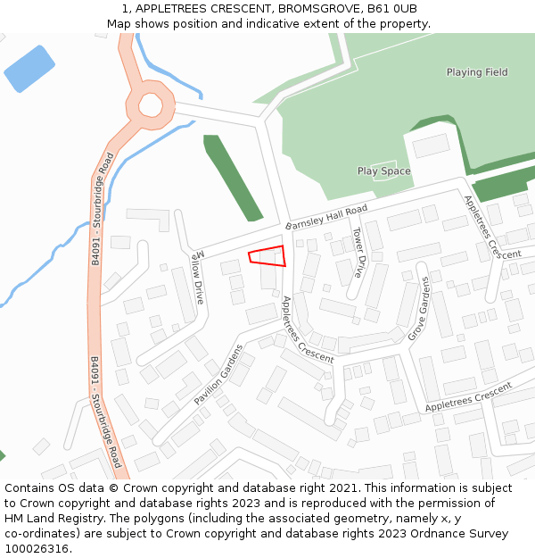 1, APPLETREES CRESCENT, BROMSGROVE, B61 0UB: Location map and indicative extent of plot