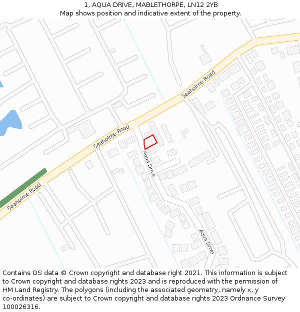 1, AQUA DRIVE, MABLETHORPE, LN12 2YB: Location map and indicative extent of plot