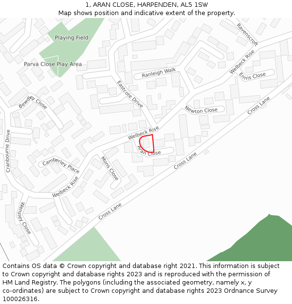 1, ARAN CLOSE, HARPENDEN, AL5 1SW: Location map and indicative extent of plot