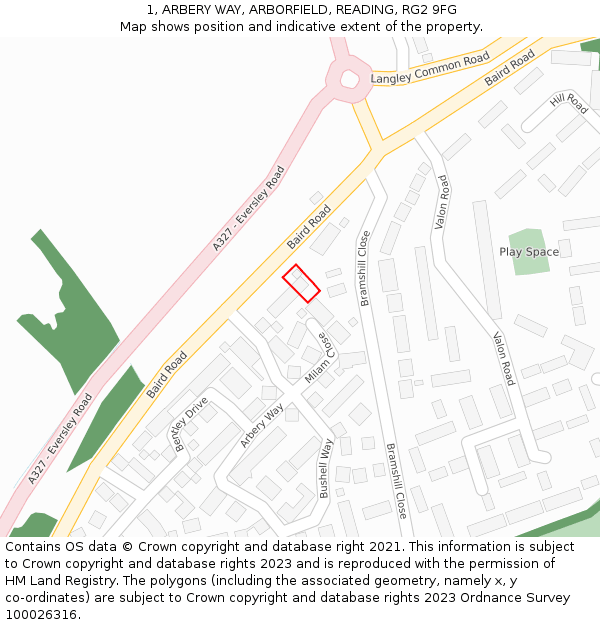 1, ARBERY WAY, ARBORFIELD, READING, RG2 9FG: Location map and indicative extent of plot