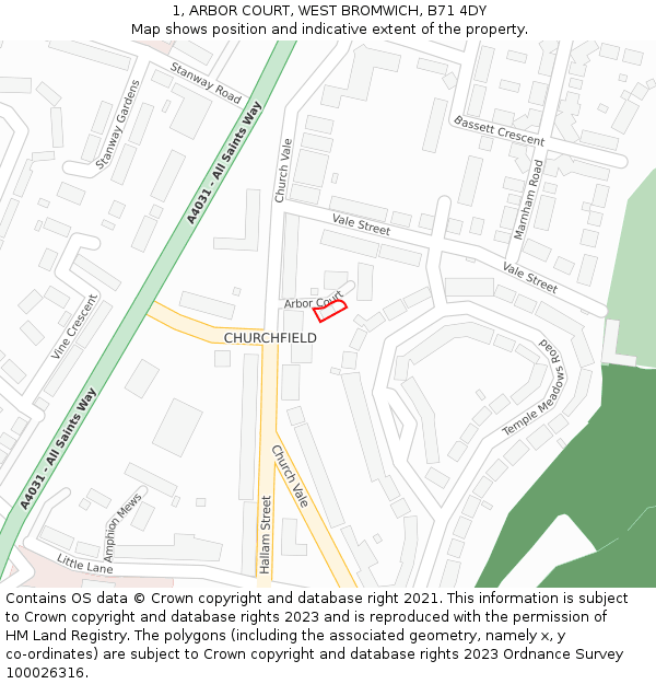 1, ARBOR COURT, WEST BROMWICH, B71 4DY: Location map and indicative extent of plot