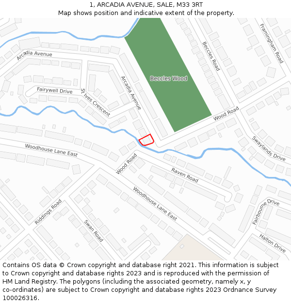 1, ARCADIA AVENUE, SALE, M33 3RT: Location map and indicative extent of plot