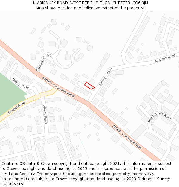 1, ARMOURY ROAD, WEST BERGHOLT, COLCHESTER, CO6 3JN: Location map and indicative extent of plot