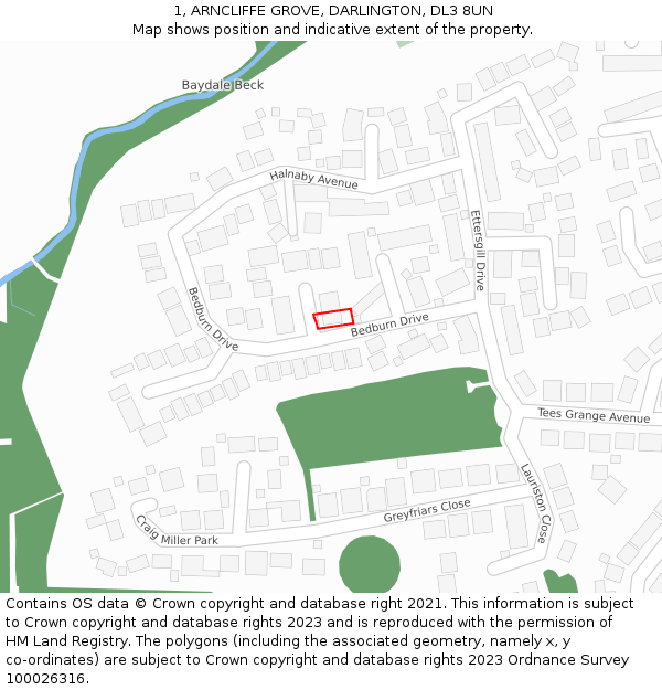 1, ARNCLIFFE GROVE, DARLINGTON, DL3 8UN: Location map and indicative extent of plot