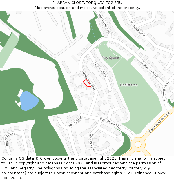 1, ARRAN CLOSE, TORQUAY, TQ2 7BU: Location map and indicative extent of plot