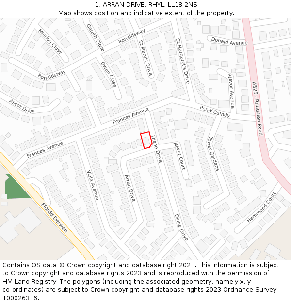 1, ARRAN DRIVE, RHYL, LL18 2NS: Location map and indicative extent of plot