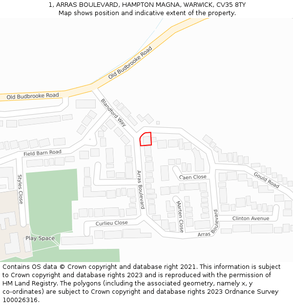 1, ARRAS BOULEVARD, HAMPTON MAGNA, WARWICK, CV35 8TY: Location map and indicative extent of plot