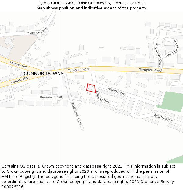 1, ARUNDEL PARK, CONNOR DOWNS, HAYLE, TR27 5EL: Location map and indicative extent of plot