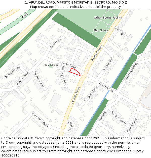 1, ARUNDEL ROAD, MARSTON MORETAINE, BEDFORD, MK43 0JZ: Location map and indicative extent of plot