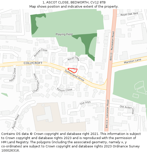 1, ASCOT CLOSE, BEDWORTH, CV12 8TB: Location map and indicative extent of plot