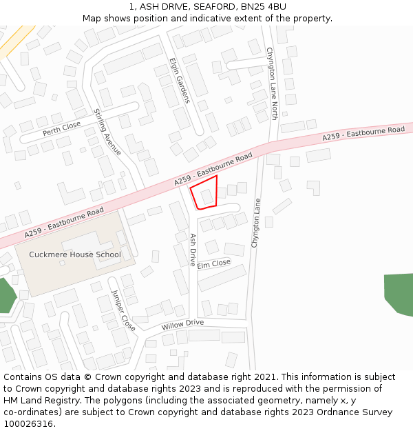 1, ASH DRIVE, SEAFORD, BN25 4BU: Location map and indicative extent of plot