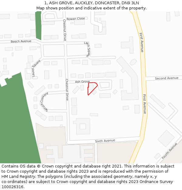 1, ASH GROVE, AUCKLEY, DONCASTER, DN9 3LN: Location map and indicative extent of plot