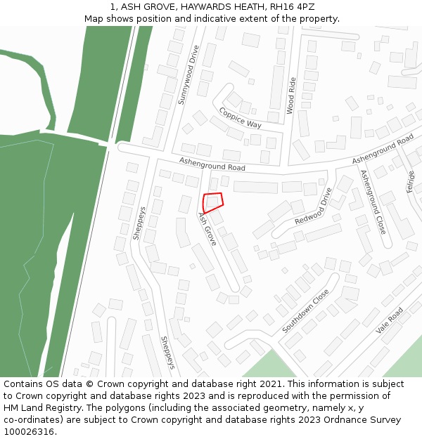 1, ASH GROVE, HAYWARDS HEATH, RH16 4PZ: Location map and indicative extent of plot