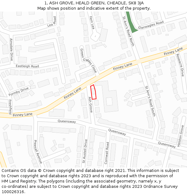 1, ASH GROVE, HEALD GREEN, CHEADLE, SK8 3JA: Location map and indicative extent of plot