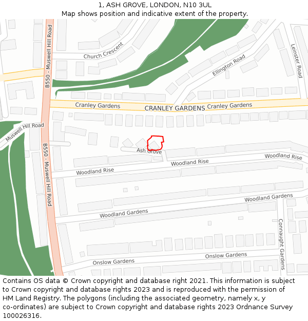 1, ASH GROVE, LONDON, N10 3UL: Location map and indicative extent of plot
