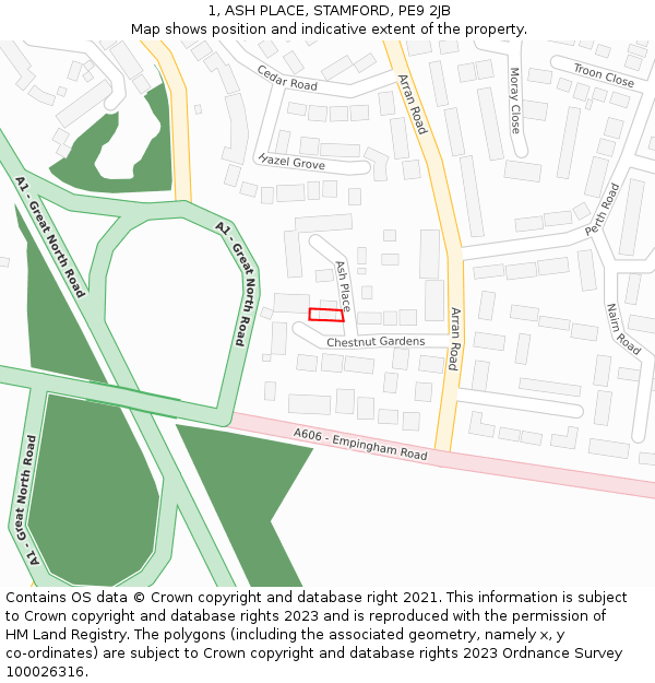 1, ASH PLACE, STAMFORD, PE9 2JB: Location map and indicative extent of plot