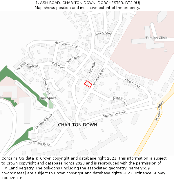 1, ASH ROAD, CHARLTON DOWN, DORCHESTER, DT2 9UJ: Location map and indicative extent of plot
