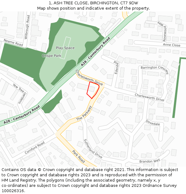 1, ASH TREE CLOSE, BIRCHINGTON, CT7 9DW: Location map and indicative extent of plot
