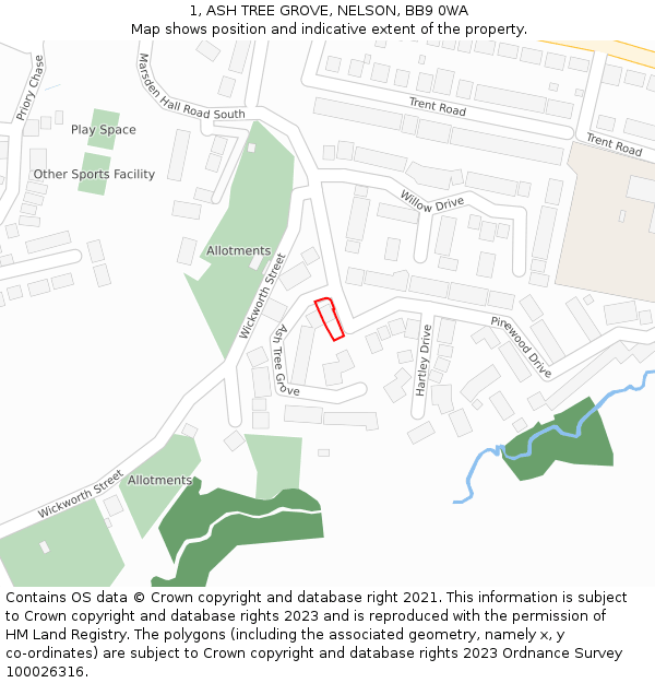 1, ASH TREE GROVE, NELSON, BB9 0WA: Location map and indicative extent of plot