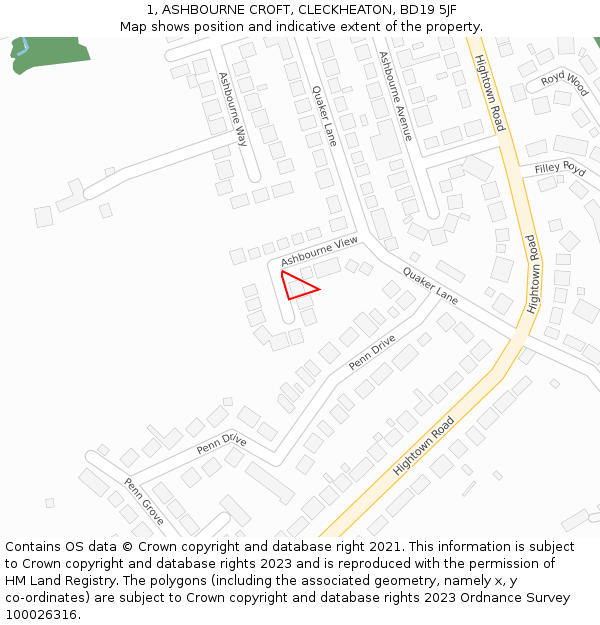 1, ASHBOURNE CROFT, CLECKHEATON, BD19 5JF: Location map and indicative extent of plot