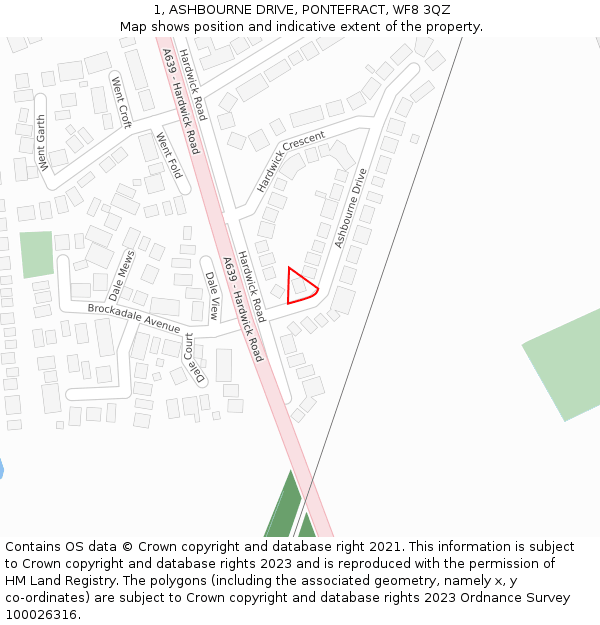 1, ASHBOURNE DRIVE, PONTEFRACT, WF8 3QZ: Location map and indicative extent of plot