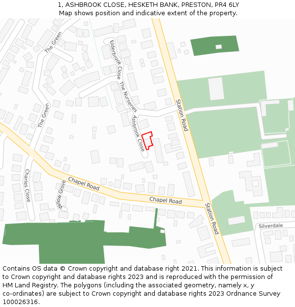 1, ASHBROOK CLOSE, HESKETH BANK, PRESTON, PR4 6LY: Location map and indicative extent of plot