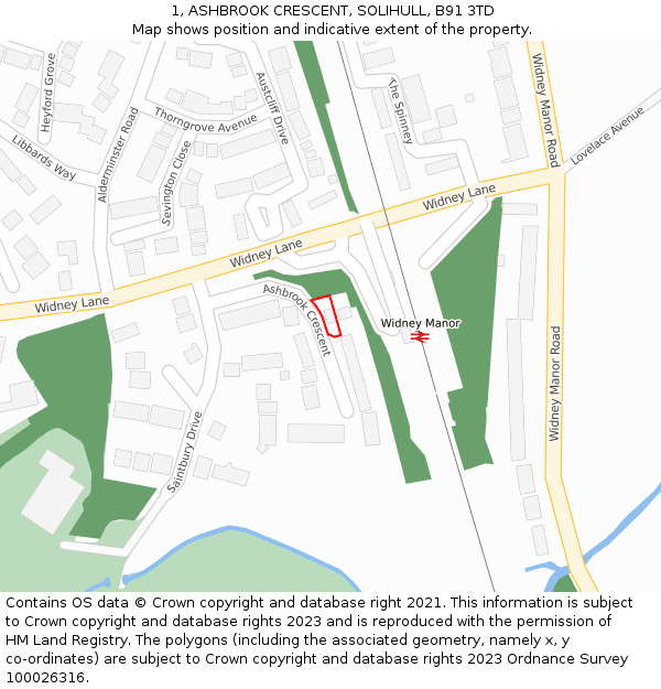 1, ASHBROOK CRESCENT, SOLIHULL, B91 3TD: Location map and indicative extent of plot