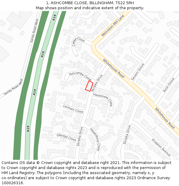 1, ASHCOMBE CLOSE, BILLINGHAM, TS22 5RH: Location map and indicative extent of plot