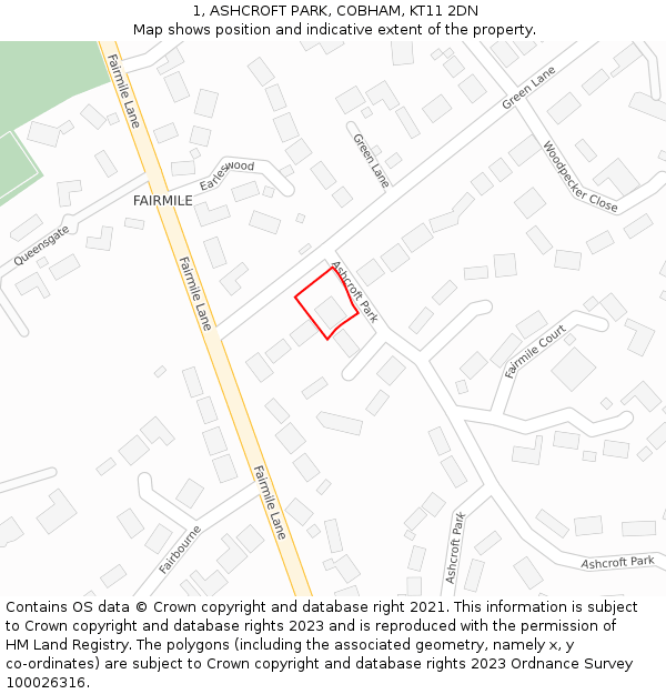 1, ASHCROFT PARK, COBHAM, KT11 2DN: Location map and indicative extent of plot